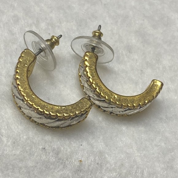 Silver Gold Tone Earrings Vintage Moon Half Circle Rope Edge Accent Pierced Stud - Picture 12 of 16